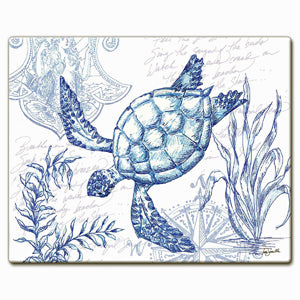Coastal Sketch Sea Turtle Tempered Glass Cutting Board.