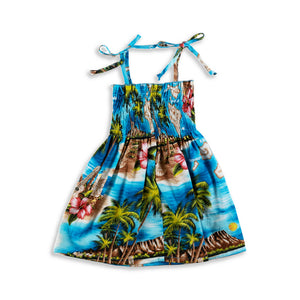 Dress with Hawaii themes, palm trees, ocean, and flowers all around it